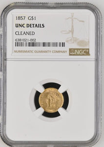 1857 GOLD $1 DOLLAR UNC DETAILS (NGC) CLEANED - NGC GOLD COINS - Cambridgeshire Coins