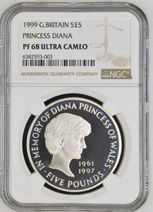 1999 SILVER PROOF £5 PRINCESS DIANA ( NGC ) PF68 ULTRA CAMEO - NGC SILVER COINS - Cambridgeshire Coins