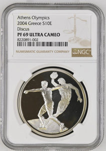 2004 GREECE ATHLETICS DISCUS OLYMPICS S10E ( NGC ) PF 69 ULTRA CAMEO HIGHEST POPULATION - NGC SILVER COINS - Cambridgeshire Coins