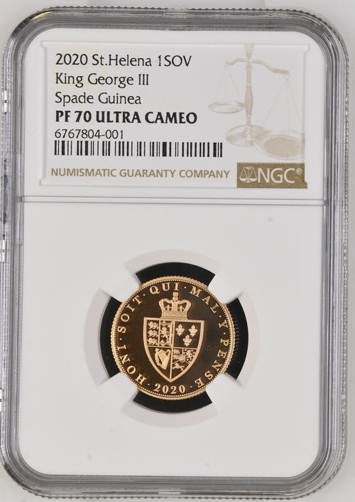 2020 GOLD 1 SOVEREIGN ST.HELENA KING GEORGE III SPADE GUINEA ( NGC ) PF 70 ULTRA CAMEO - NGC GOLD COINS - Cambridgeshire Coins
