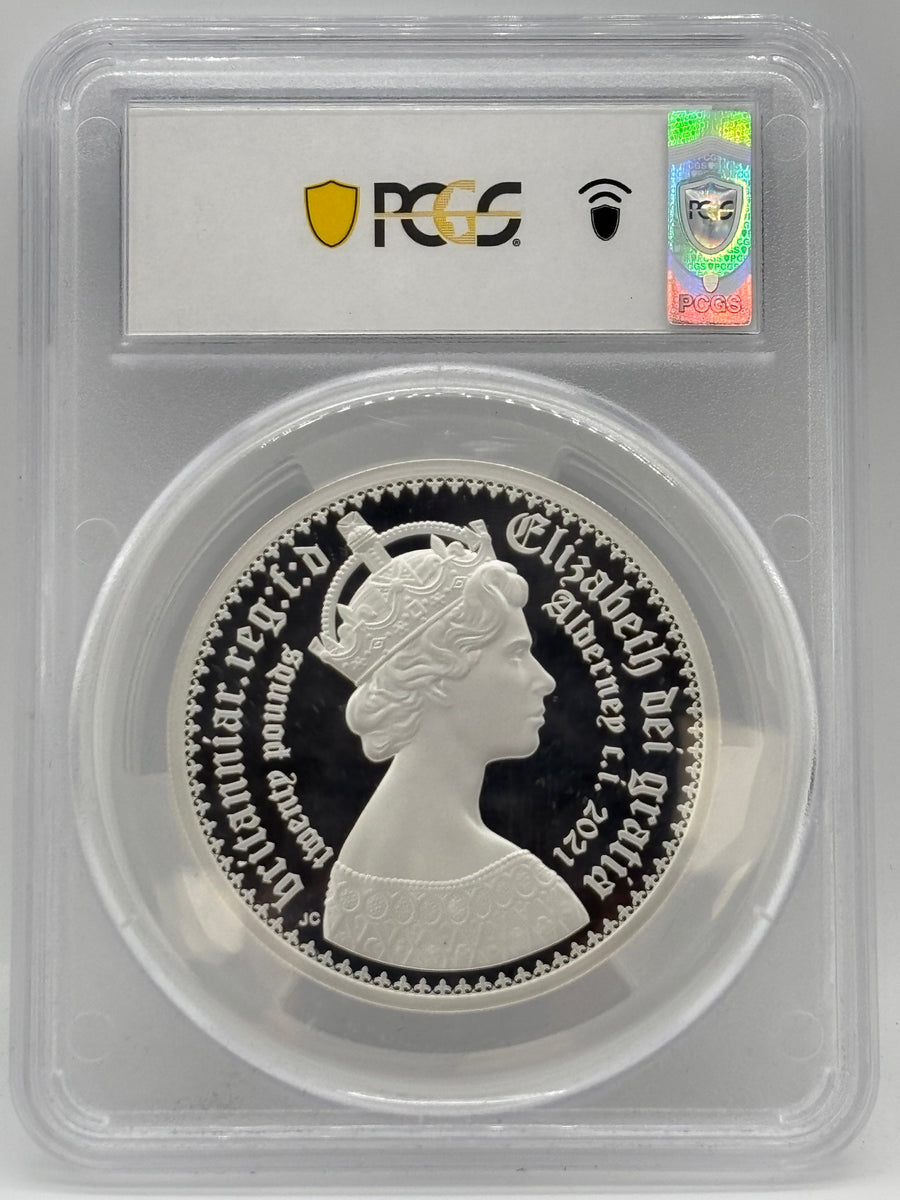 2021 SILVER £20 NEW GOTHIC CROWN PCGS PR70 ALDERNEY PORTRAIT NGC