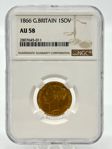 1866 GOLD SOVEREIGN (NGC) AU 58