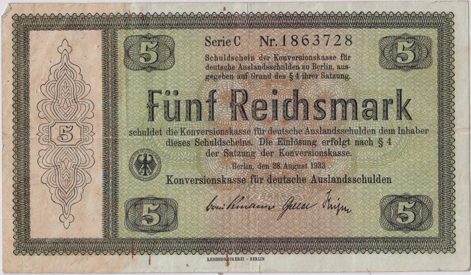 1933 GERMANY 5 REICHSMARKS BANKNOTE REF 1588 - World Banknotes - Cambridgeshire Coins