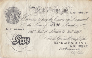 1947 WHITE FIVE POUND NOTE JANUARY 11TH LONDON BANK OF ENGLAND W£5-8 - £5 BANKNOTES WHITE - Cambridgeshire Coins