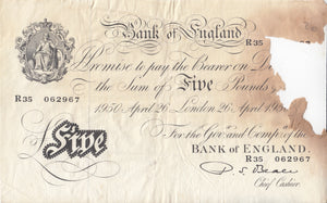 1950 WHITE FIVE POUND NOTE APRIL 26TH BANK OF ENGLAND BEALE W£5-10 - £5 BANKNOTES WHITE - Cambridgeshire Coins