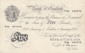 1950 WHITE FIVE POUND NOTE JAN 4TH BANK OF ENGLAND BEALE REF W£5-8 - £5 BANKNOTES WHITE - Cambridgeshire Coins
