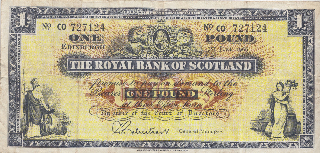 1966 THE ROYAL BANK OF SCOTLAND ONE POUND REF SCOT-54 - SCOTTISH BANKNOTES - Cambridgeshire Coins