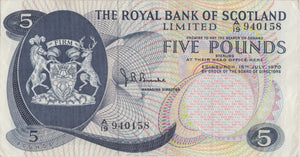 1970 THE ROYAL BANK OF SCOTLAND £5 BANKNOTE REF SCOT- 50 - SCOTTISH BANKNOTES - Cambridgeshire Coins