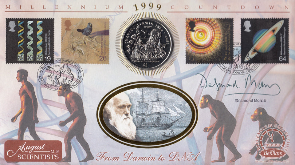 1999 MILLENIUM COUNTDOWN 1 CROWN COIN COVER SIGNED BY DESMOND MORRIS REF CC53 - coin covers - Cambridgeshire Coins