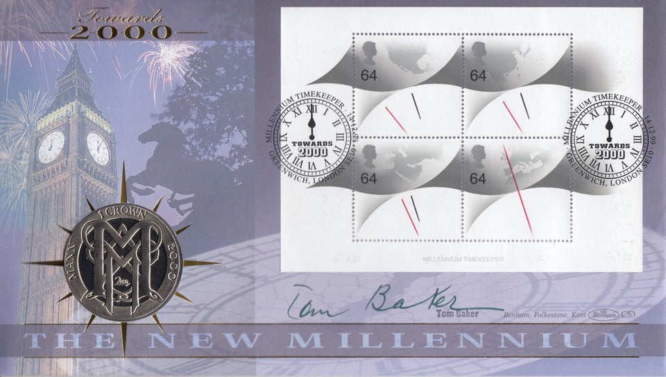 1999 MILLENIUM CROWN COIN COVER SIGNED BY TOM BAKER REF CC46 - coin covers - Cambridgeshire Coins
