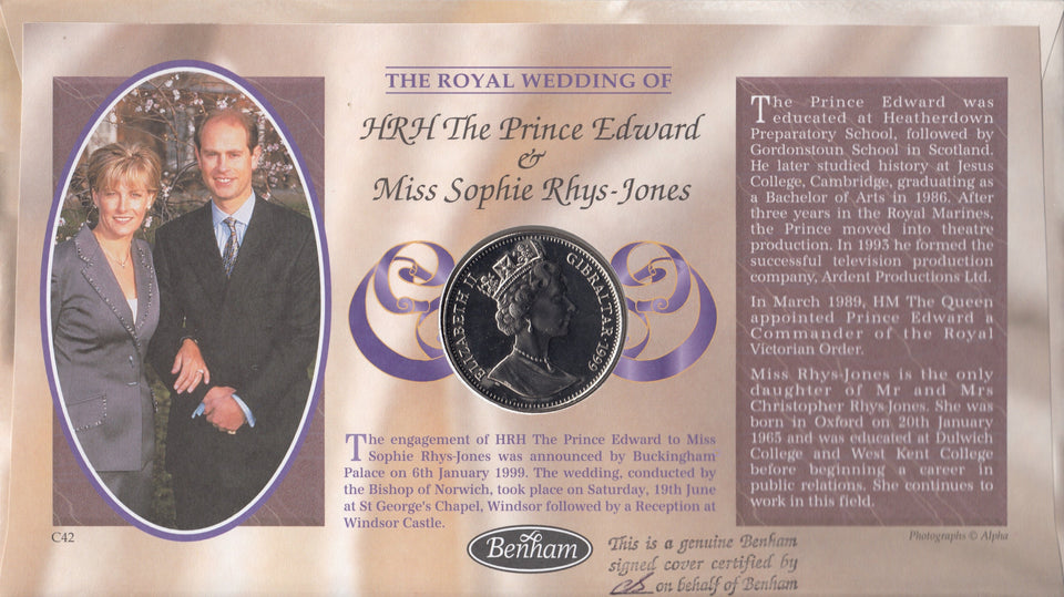1999 ROYAL WEDDING PRINCE EDWARD SOPHIE RHYS JONES 1 CROWN COIN COVER SIGNED BY JOHN SWANNELL REF CC44 - coin covers - Cambridgeshire Coins