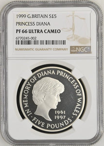 1999 SILVER PROOF £5 PRINCESS DIANA (NGC) PF 66 CAMEO - NGC SILVER COINS - Cambridgeshire Coins