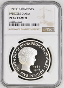1999 SILVER PROOF £5 PRINCESS DIANA (NGC) PF 69 CAMEO - NGC CERTIFIED COINS - Cambridgeshire Coins
