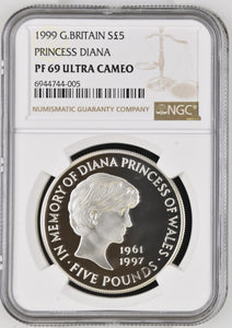 1999 SILVER PROOF £5 PRINCESS DIANA (NGC) PF 69 ULTRA CAMEO - NGC CERTIFIED COINS - Cambridgeshire Coins