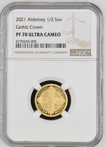 2021 GOLD PROOF ALDERNEY GOTHIC CROWN 1/2 SOVEREIGN (NGC) PF70 ULTRA CAMEO - NGC GOLD COINS - Cambridgeshire Coins