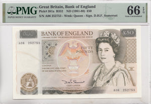 FIFTY POUNDS BANKNOTE SOMERSET PMG 66 GEM UNCIRCULATED A06252753 - £50 Banknotes - Cambridgeshire Coins