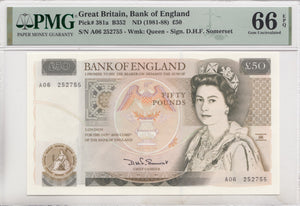 FIFTY POUNDS BANKNOTE SOMERSET PMG 66 GEM UNCIRCULATED A06252755 - £50 Banknotes - Cambridgeshire Coins