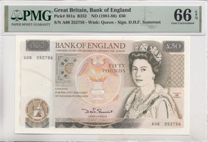 FIFTY POUNDS BANKNOTE SOMERSET PMG 66 GEM UNCIRCULATED A06252756 - £50 Banknotes - Cambridgeshire Coins