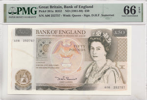 FIFTY POUNDS BANKNOTE SOMERSET PMG 66 GEM UNCIRCULATED A06252757 - £50 Banknotes - Cambridgeshire Coins