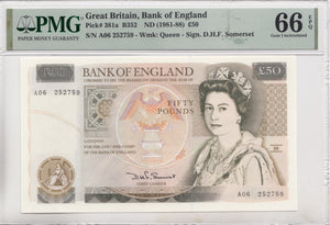 FIFTY POUNDS BANKNOTE SOMERSET PMG 66 GEM UNCIRCULATED A06252759 - £50 Banknotes - Cambridgeshire Coins
