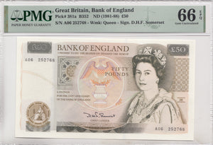 FIFTY POUNDS BANKNOTE SOMERSET PMG 66 GEM UNCIRCULATED A06252768 - £50 Banknotes - Cambridgeshire Coins