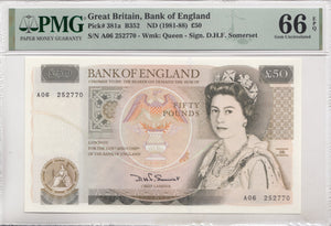 FIFTY POUNDS BANKNOTE SOMERSET PMG 66 GEM UNCIRCULATED A06252770 - £50 Banknotes - Cambridgeshire Coins