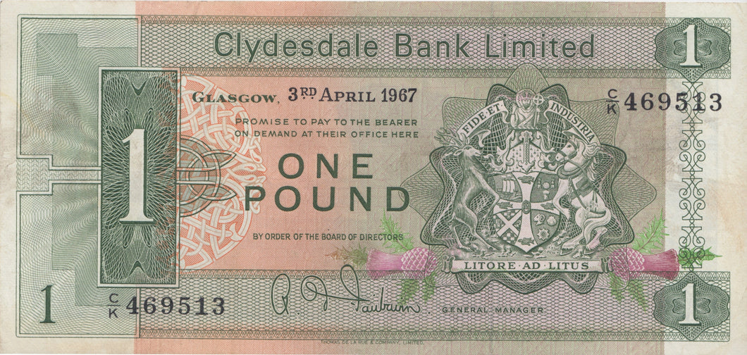 ONE POUND CLYDESDALE BANK BANKNOTE REF SCOT-13 - SCOTTISH BANKNOTES - Cambridgeshire Coins
