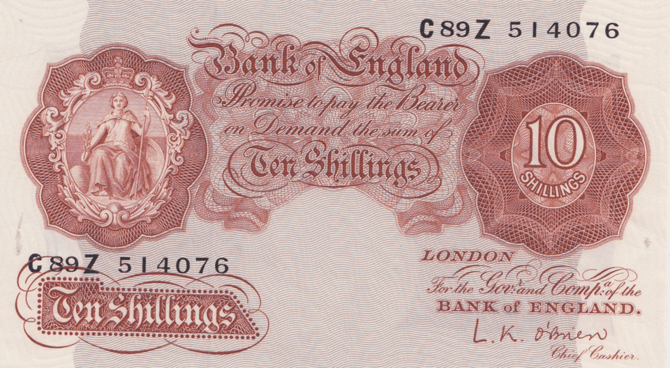 10 SHILLING BANKNOTE O BRIEN REF SHILL-76 - 10 SHILLINGS BANKNOTES - Cambridgeshire Coins