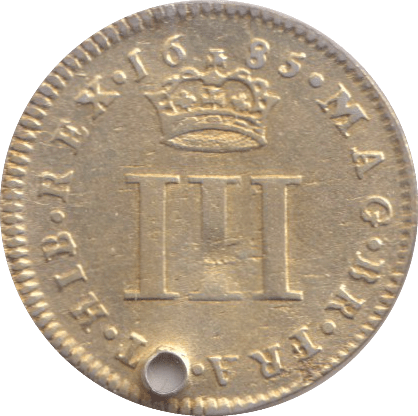 1685 HOLED MAUNDY THREEPENCE GOLD GILT ( FINE ) - MAUNDY THREEPENCE - Cambridgeshire Coins
