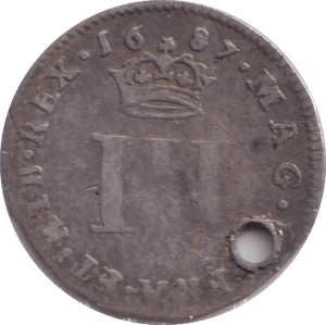 1687 MAUNDY THREEPENCE ( FINE ) HOLED - MAUNDY THREEPENCE - Cambridgeshire Coins