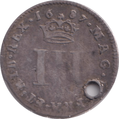 1687 MAUNDY THREEPENCE ( FINE ) HOLED - MAUNDY THREEPENCE - Cambridgeshire Coins