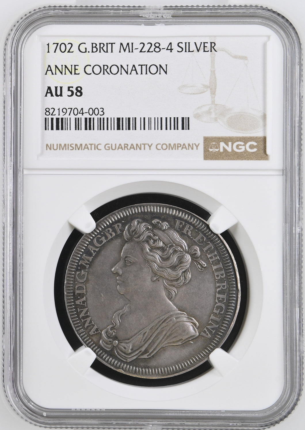 1702 MI - 228 - 4 ANNE CORONATION SILVER AU 58 - NGC SILVER COINS - Cambridgeshire Coins