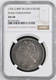 1702 MI - 228 - 4 ANNE CORONATION SILVER AU 58 - NGC SILVER COINS - Cambridgeshire Coins