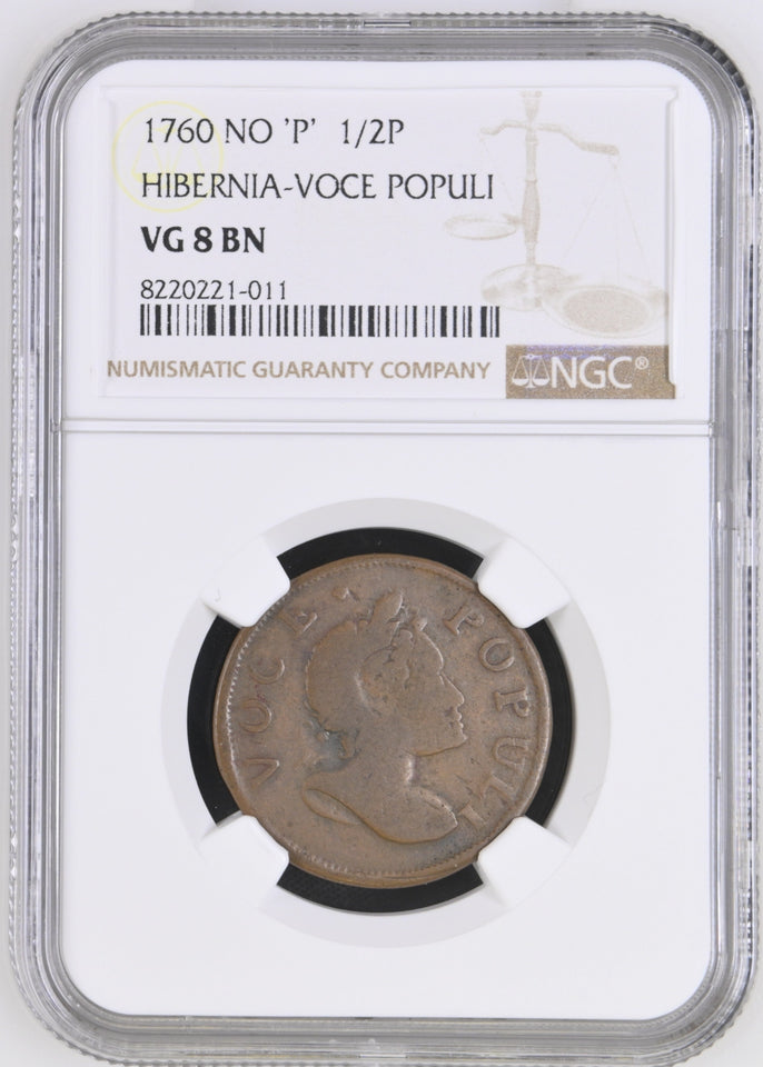 1760 HALFPENNY HIBERNIA - VOCE POPULI VG 8 BN - NGC OTHER COINS - Cambridgeshire Coins