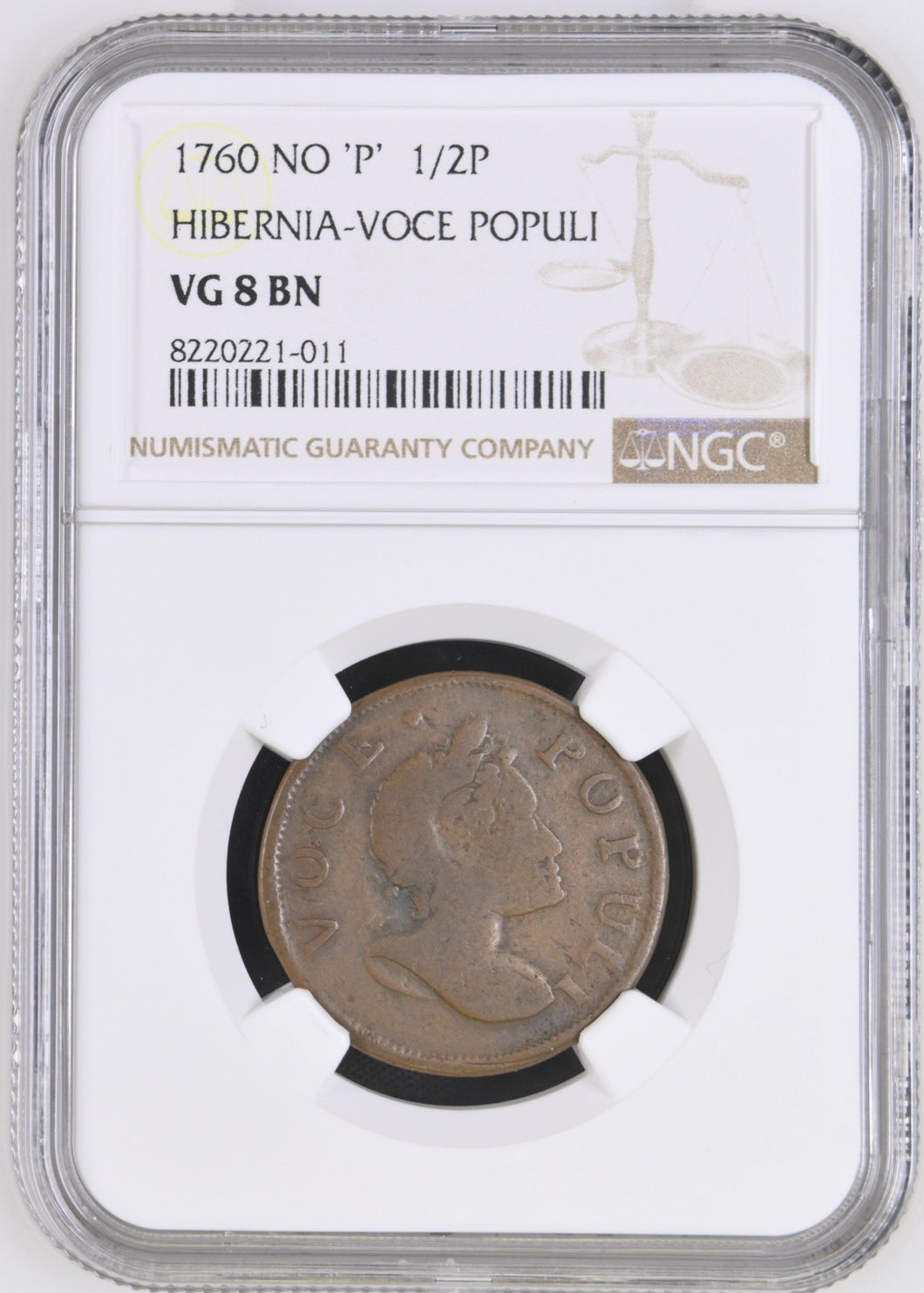 1760 HALFPENNY HIBERNIA - VOCE POPULI VG 8 BN - NGC OTHER COINS - Cambridgeshire Coins