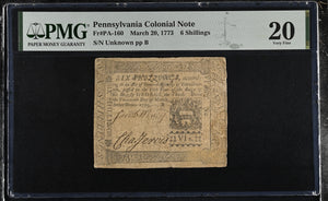 1773 PENNSYLVANIA COLONIAL NOTE FRPA160 PMG 20 VERY FINE - PMG CERTIFIED WORLD BANKNOTES - Cambridgeshire Coins
