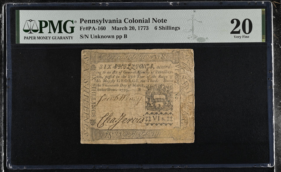 1773 PENNSYLVANIA COLONIAL NOTE FRPA160 PMG 20 VERY FINE - PMG CERTIFIED WORLD BANKNOTES - Cambridgeshire Coins