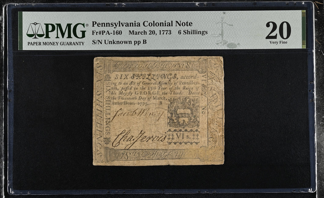 1773 PENNSYLVANIA COLONIAL NOTE FRPA160 PMG 20 VERY FINE - PMG CERTIFIED WORLD BANKNOTES - Cambridgeshire Coins