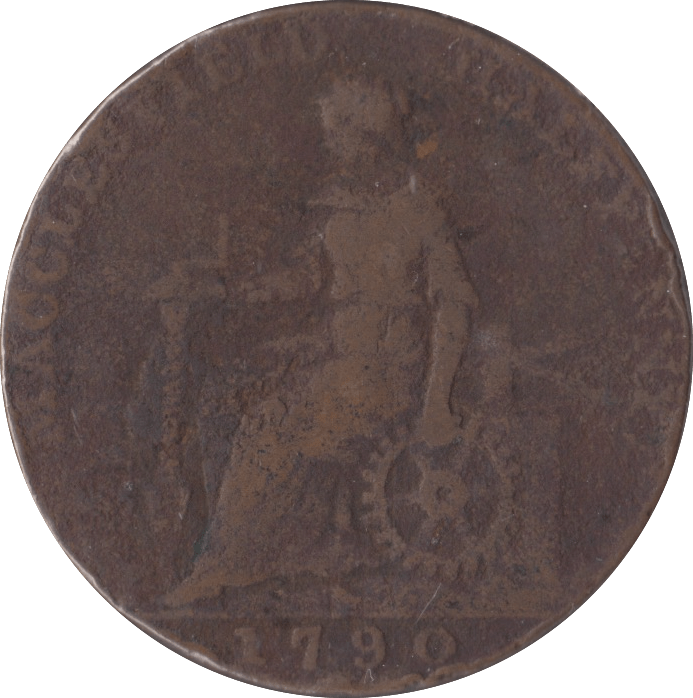 1790 HALFPENNY TOKEN CHESHIRE MACCLESFIELD FEMALE WITH COG CHARLES ROW - HALFPENNY TOKENS - Cambridgeshire Coins