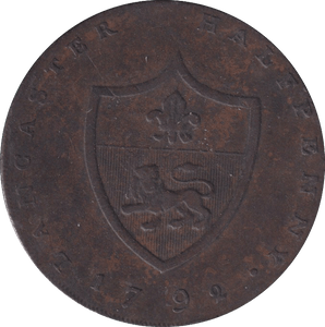 1792 HALFPENNY TOKEN CANCASTER COUNTY - HALFPENNY TOKEN - Cambridgeshire Coins