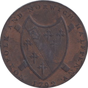 1792 HALFPENNY TOKEN NORWICH ARMS CASTLE - HALFPENNY TOKEN - Cambridgeshire Coins