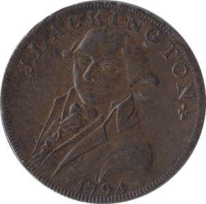 1794 HALFPENNY TOKEN MIDDLESEX J.LACKINGTON CHEAPEST BOOKSELLER FAME ANGEL TRUMPET - HALFPENNY TOKENS - Cambridgeshire Coins