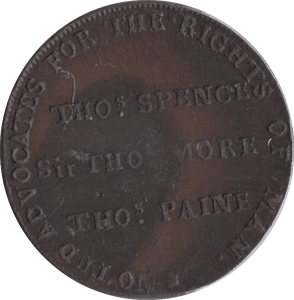 1795 HALF PENNY THOMAS SPENCE MORE AND PAINE PIG MEAT TOKEN MIDDLESEX - HALFPENNY TOKENS - Cambridgeshire Coins