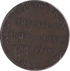 1795 HALF PENNY THOMAS SPENCE MORE AND PAINE PIG MEAT TOKEN MIDDLESEX - HALFPENNY TOKENS - Cambridgeshire Coins