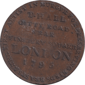 1795 HALFPENNY T HALL TAXIDERMY TOKEN FINSBURY SQUARE - HALFPENNY TOKEN - Cambridgeshire Coins
