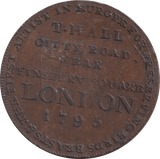 1795 HALFPENNY T HALL TAXIDERMY TOKEN FINSBURY SQUARE - HALFPENNY TOKEN - Cambridgeshire Coins