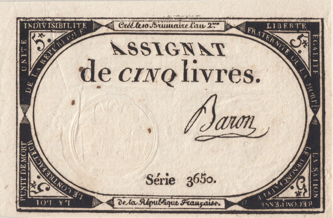 1798 FIVE LIVRES BANKNOTE FRANCE REF 515 - World Banknotes - Cambridgeshire Coins