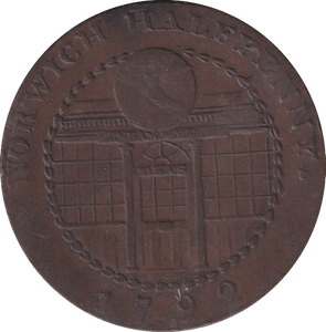 1799 HALFPENNY TOKEN NORWICH SHIP ARMS - HALFPENNY TOKEN - Cambridgeshire Coins