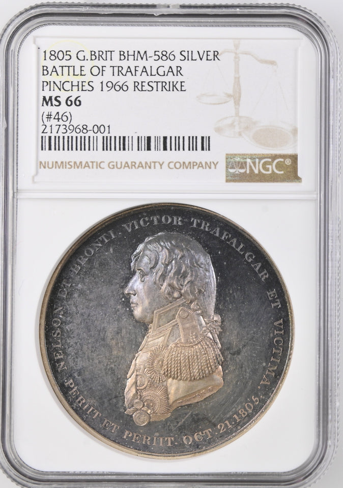 1805 BATTLE OF TRAFALGAR PINCHES 1966 RESTRIKE SILVER MS 66 - NGC OTHER COINS - Cambridgeshire Coins