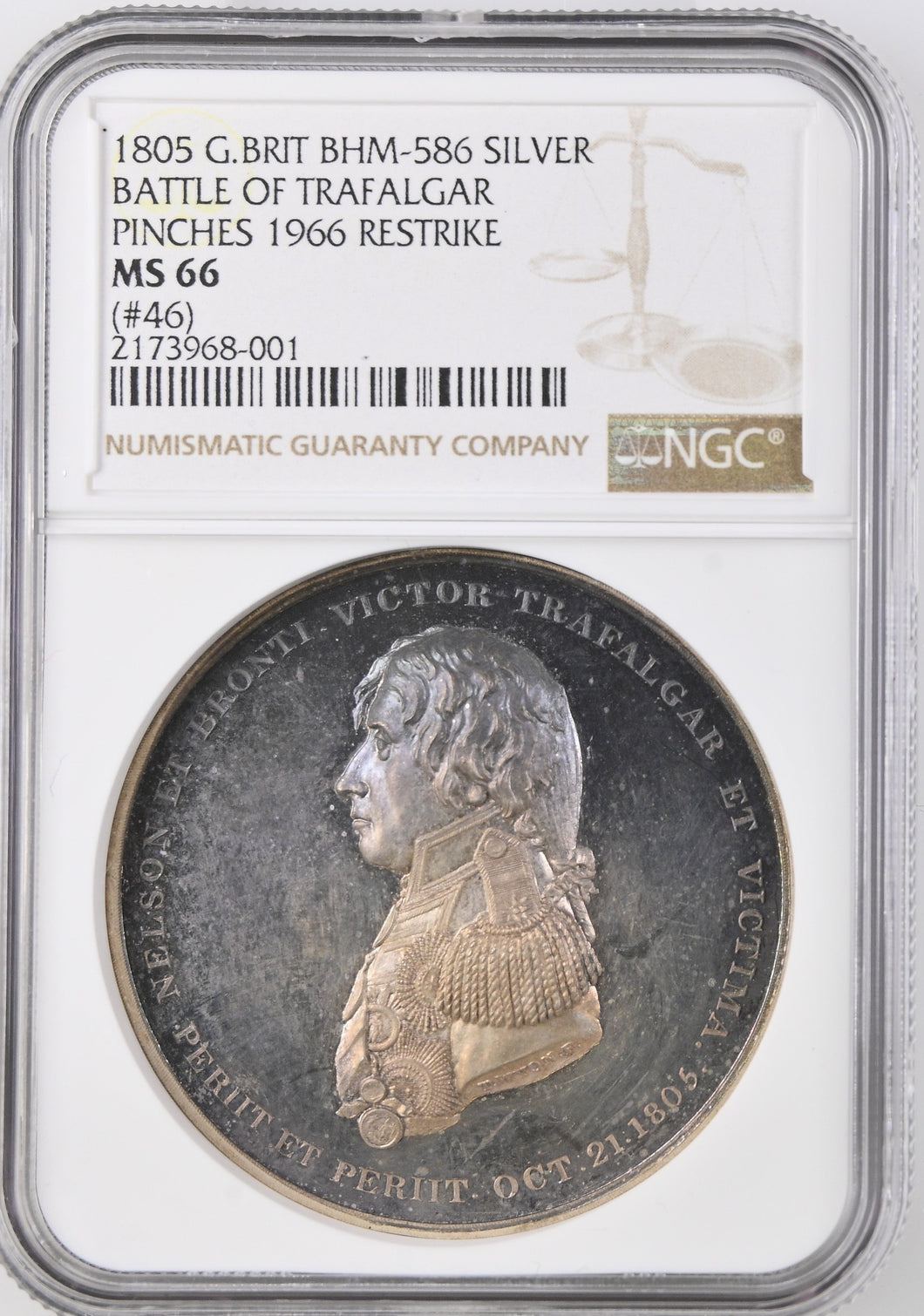 1805 BATTLE OF TRAFALGAR PINCHES 1966 RESTRIKE SILVER MS 66 - NGC OTHER COINS - Cambridgeshire Coins